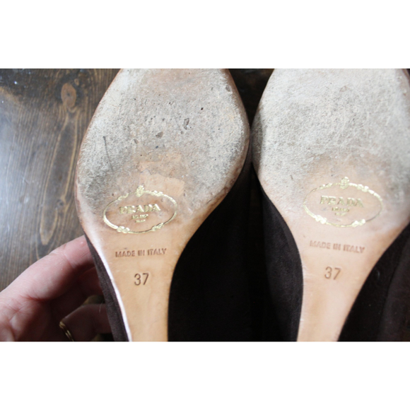 Prada Chocolate Brown Suede Peep Toe Wedges Size 37 / 6.5 - Picture 2 of 10